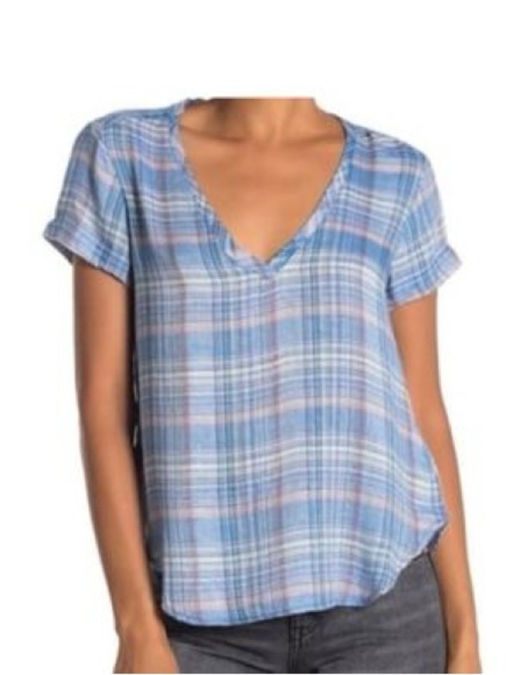 Cloth and stone Light Blue Plaid V-Neck Short Sleeve Top